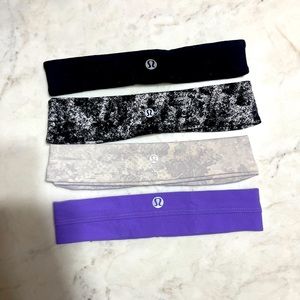 Assorted Lululemon headbands, purple, black, snakeskin white, galaxy grey